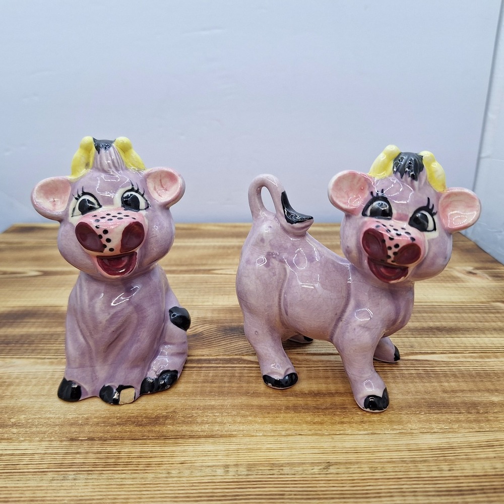 Purple Cows Porcelain Salt &‎ Pepper Set, Vintage, Novelty Farm Kitchen Ware